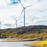 Wind turbines in a wind powered renewable energy production plant